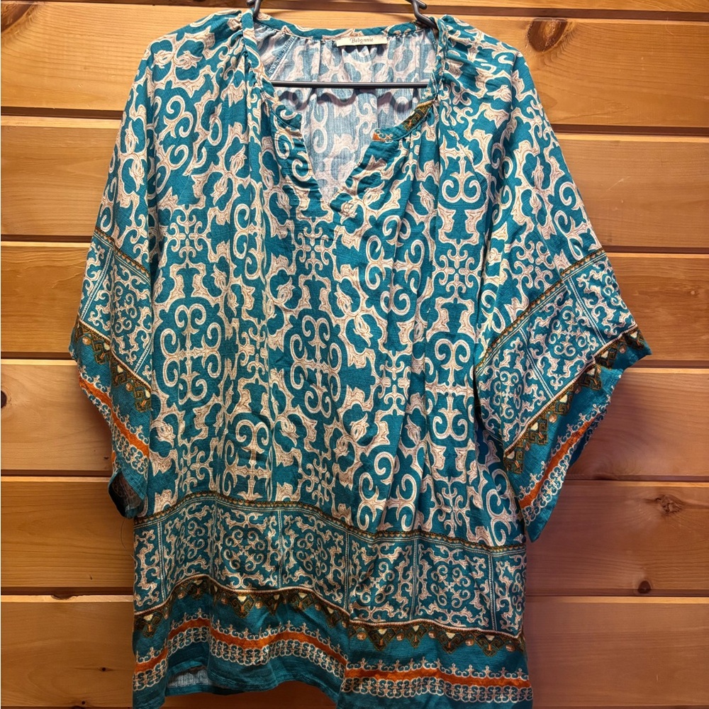 Teal and Cream Patterned V-Neck Tunic